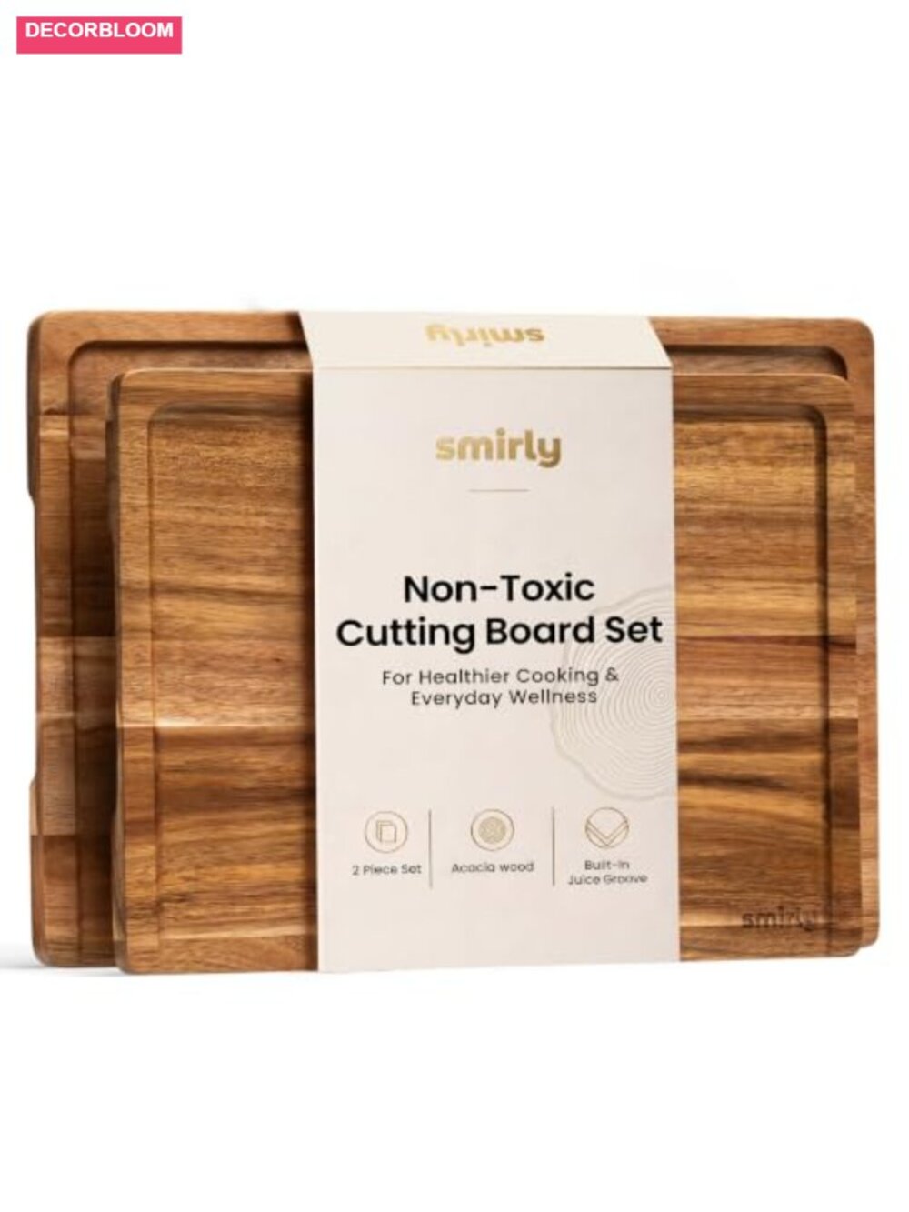 Acacia Wood Cutting Board Set 2 Pack with Juice Groove and Hidden Handle